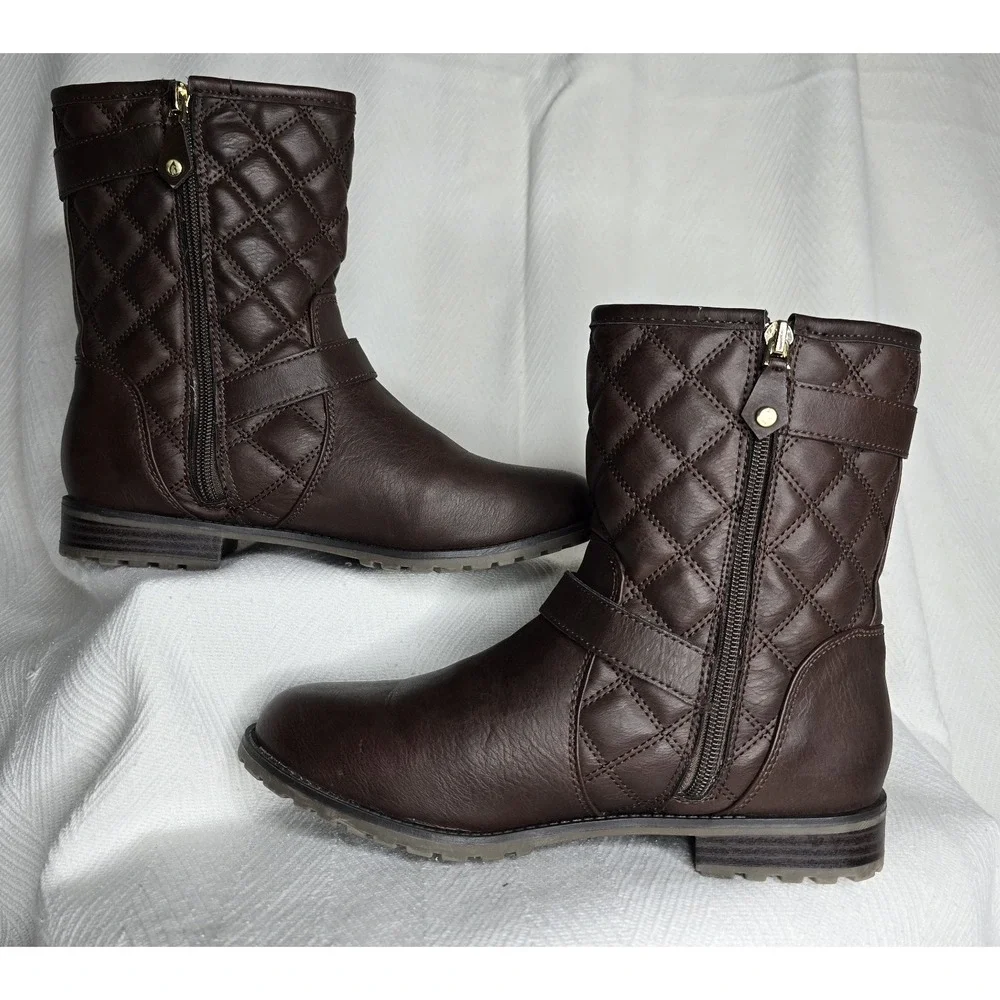 Women's Sporto Faux Fur‎ Lined Gold Buckles Quilted Brown Boots 